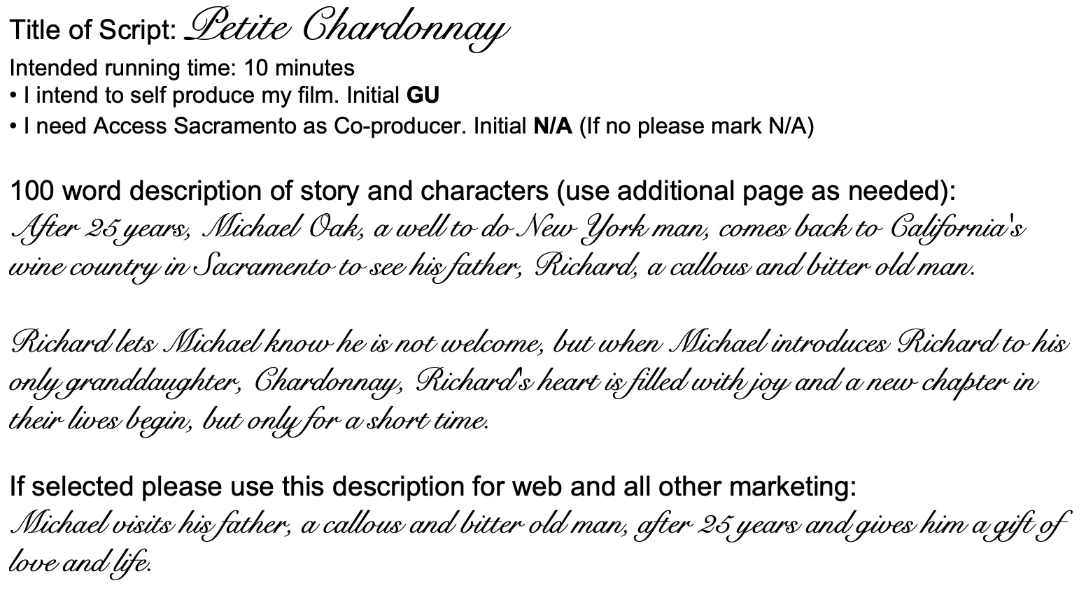 Access Sacramento Submission Form for Petite Chardonnay.