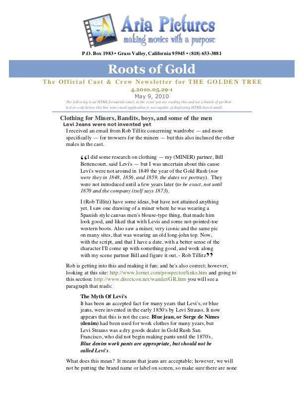 THE GOLdEN TREE (2010) “Roots Of Gold” newsletter.