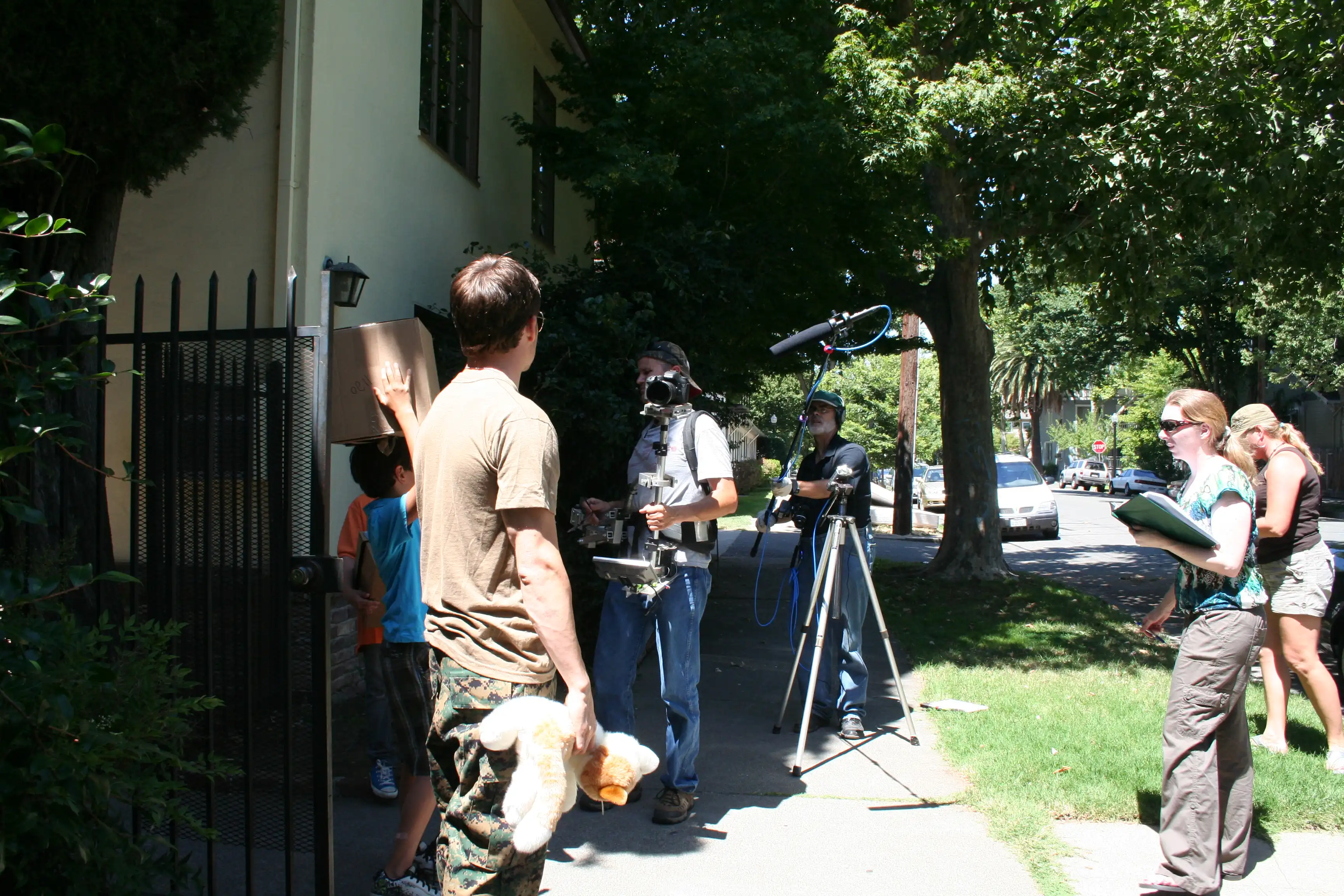 Richard Ryan, Brendan Brooks on Camera, Scott Slotterbeck on Boom, and Krystina Mae the script-superviser in a courtyard for an apartment complex for BUDDIES July 23, 2011.