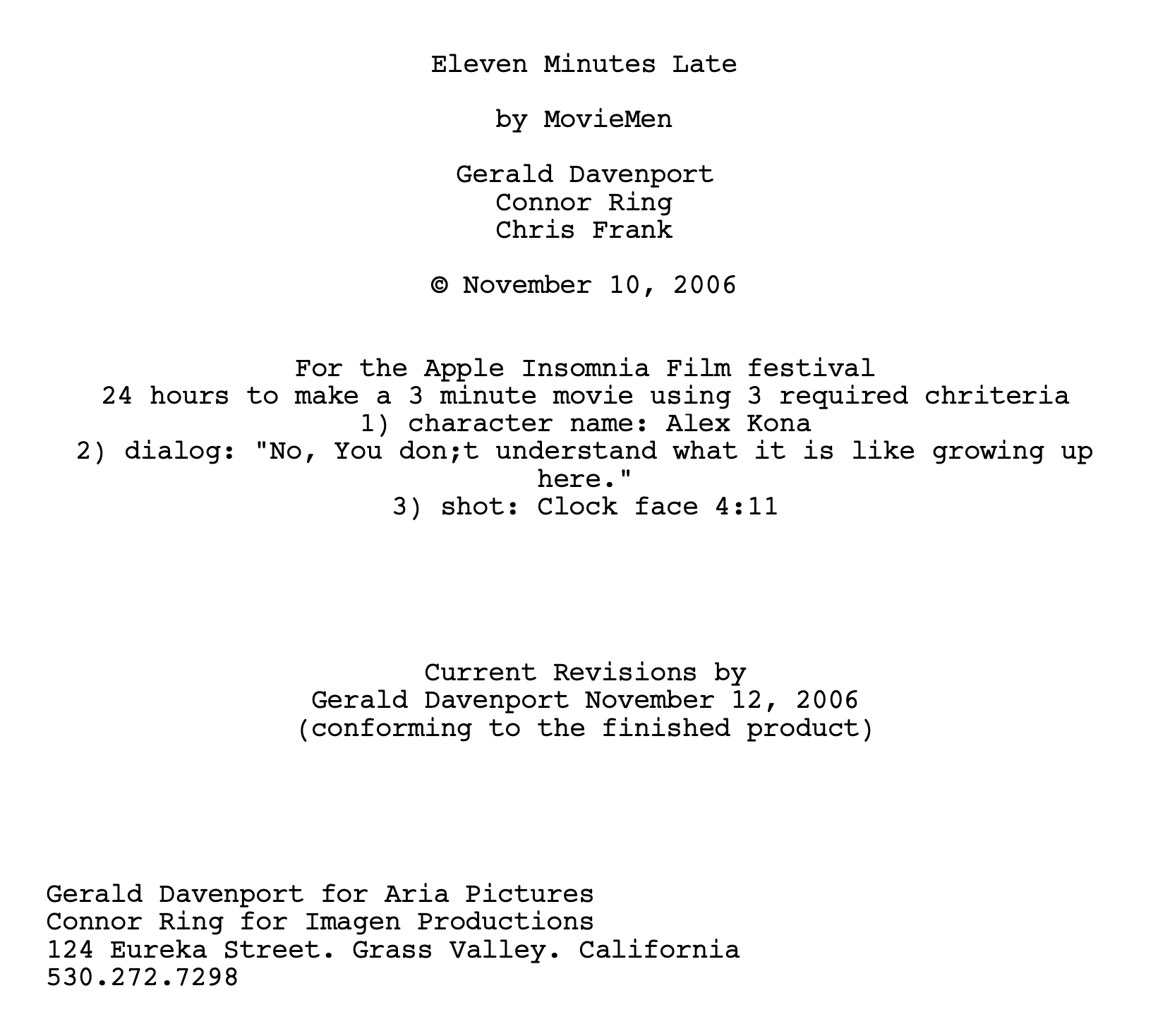 Eleven Minutes Late (2006) title page of the screenplay.