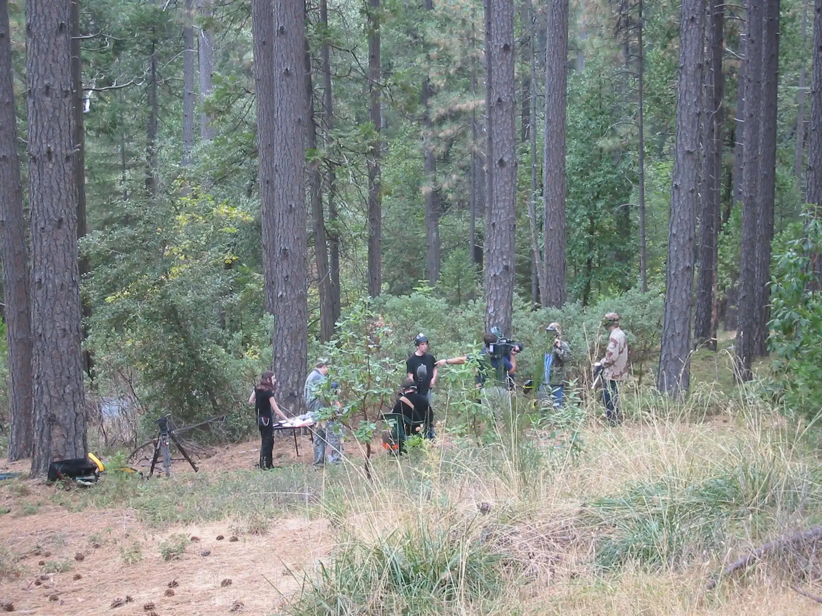 The cast involved in an outdoor scene during day 1 of Paint (2006) production on October 19, 2005.