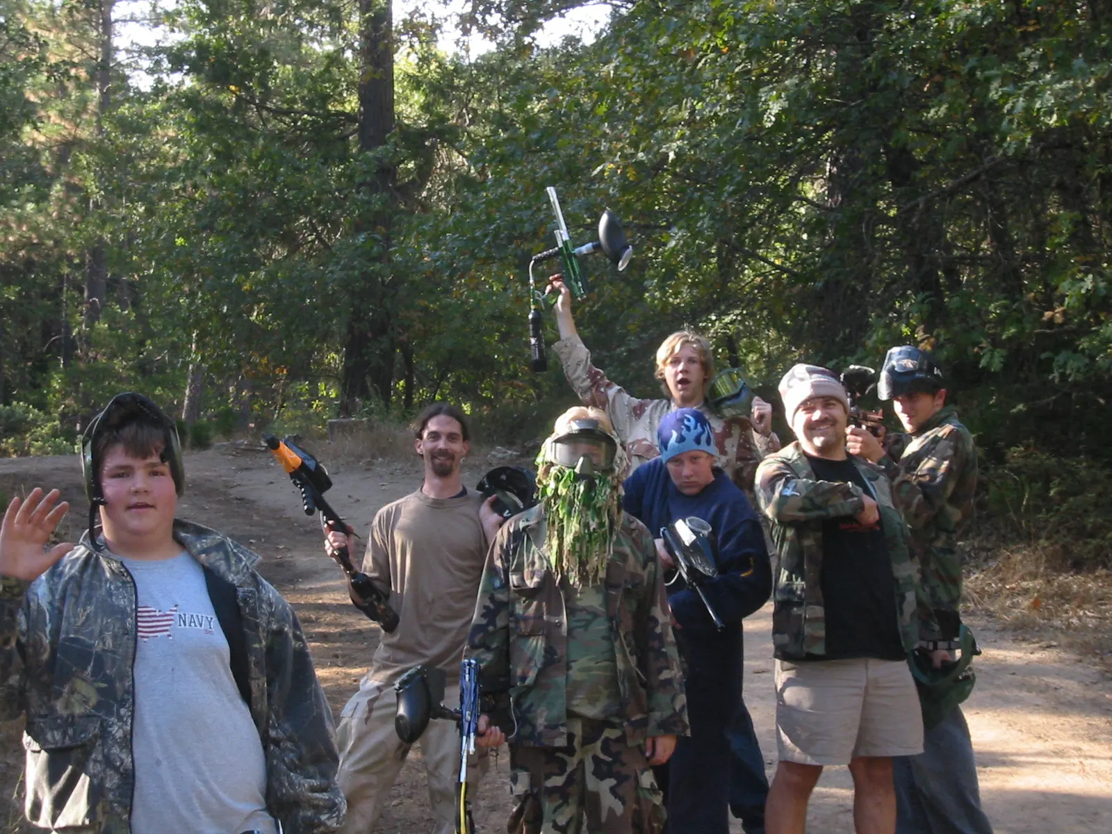 Reid Allen Young, Justin Mosier, Robert John MacGregor, Patrick Donald Wheatley, Aria Leven Davenport, Gerald Martin Davenport, and Connor Decker Ring at Camp Augusta after a release of energy game of paintball on day 2 of Paint (2006) production, October 20, 2005.