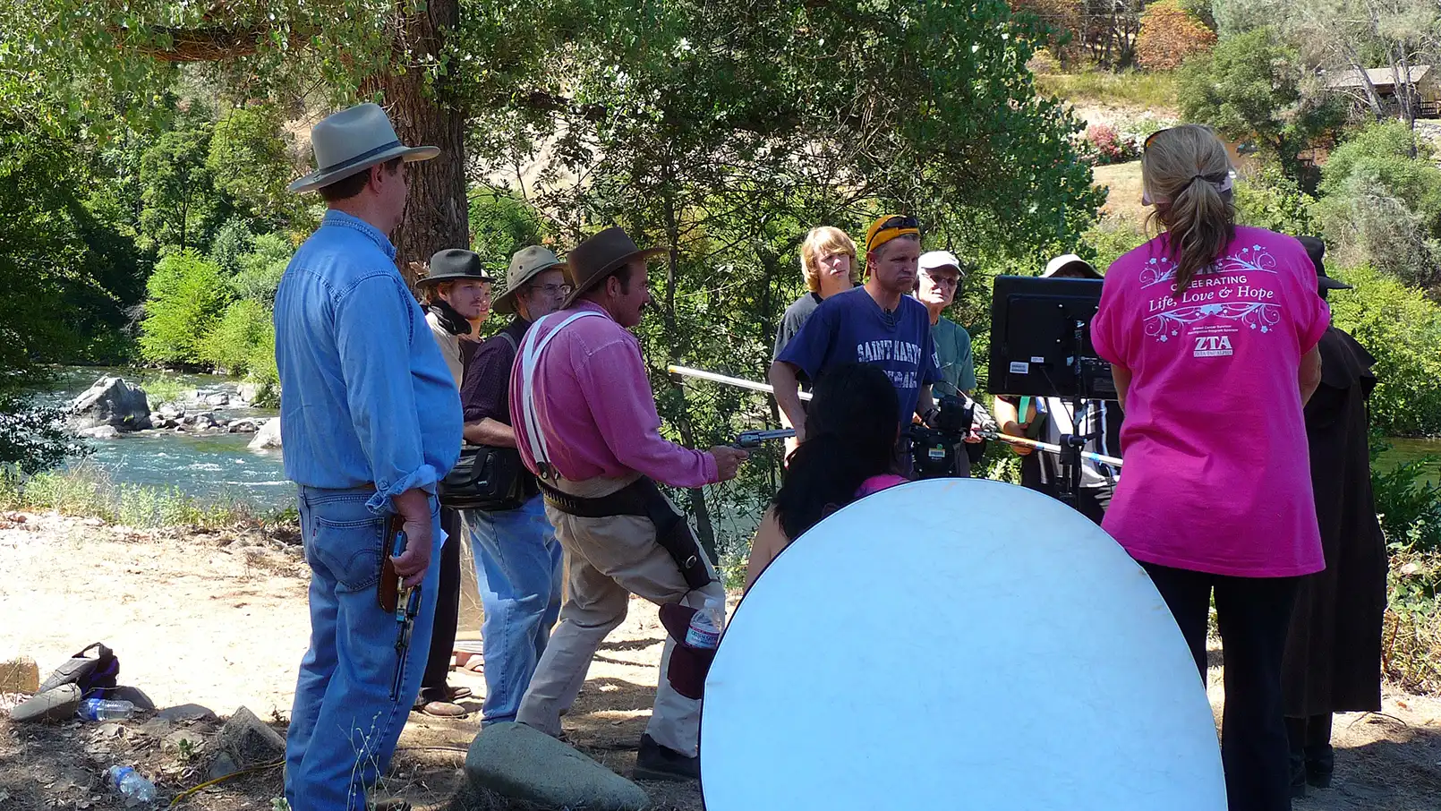 Jason Michael Shannon, Scott Slotterbeck, Rob Tillitz holding pistol, Aria Leven Davenport, Brendan Brooks, Jim Heck - on the set of THE GOLdEN TREE at Lotus, California.