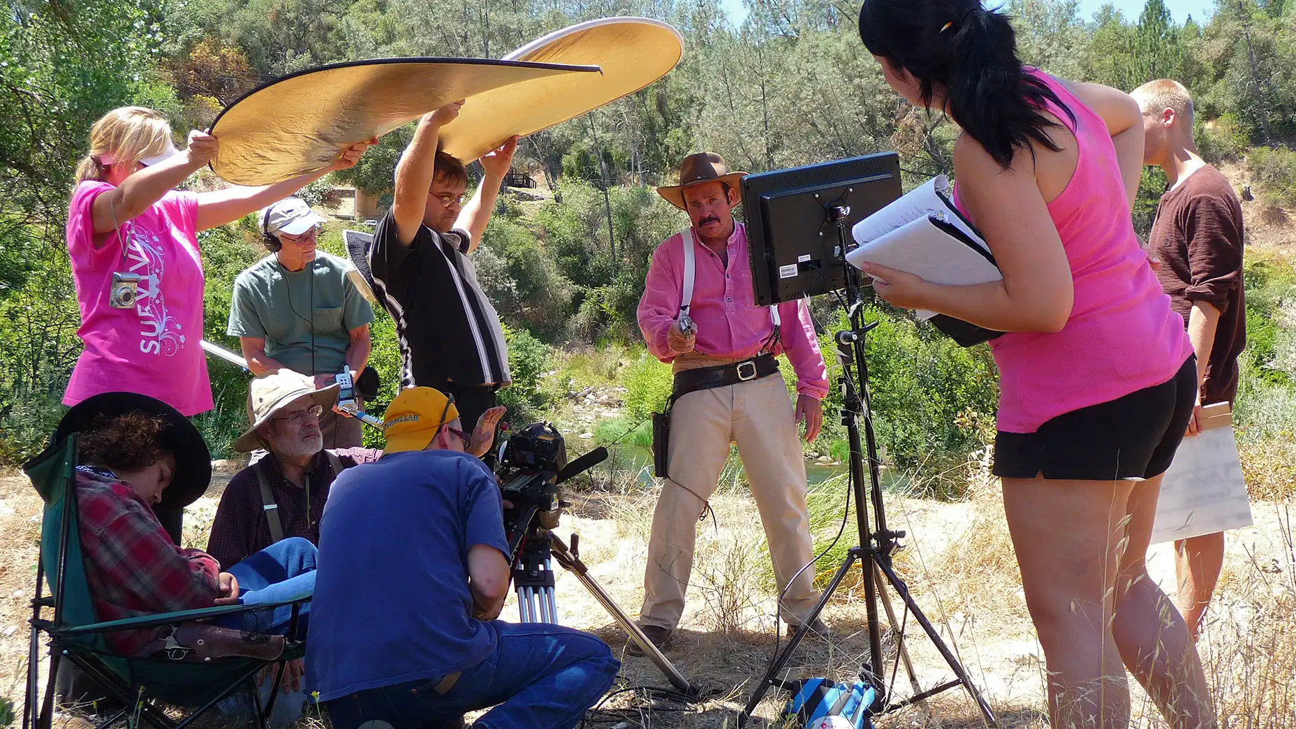 Carey White Jr. sleeping, Jim Heck, Gerald and Susan Slaven holding reflectors. Brend Brooks, Rob Tillitz, Megan Alicia Engle - on the set of THE GOLdEN TREE at Lotus, California.