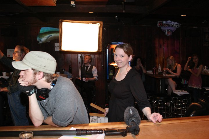 Frank Cosgriff: boom operator & sound recordist and Krystina Mae: second assistant camera - on the set of the WATERING hole Night 1 at the Cedar Room in Carmichael, California.