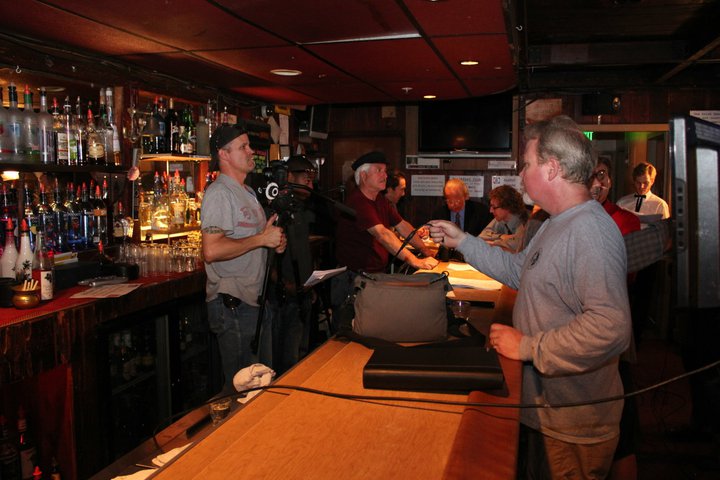 Brendan Brooks and Mark Hoffman, with Sean P. Flanagan: first assistant camera - on the set of the WATERING hole Night 1 at the Cedar Room in Carmichael, California.