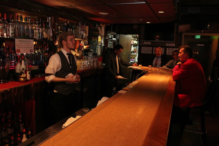 Jason Michael Shannan as Bartender, Rafael Siegle as Steve Taglia, Daniel Roberts as Bill Trebor, and J.P. Dunne as Lester Winters with William Van Noland - on the set of the WATERING hole Night 1 at the Cedar Room in Carmichael, California.