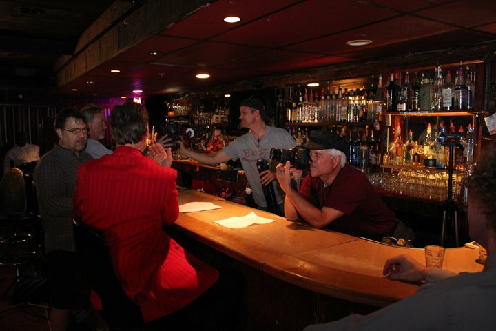 Brendan Brooks and Mark Hoffman setting up camera angles - on the set of the WATERING hole Night 1 at the Cedar Room in Carmichael, California.