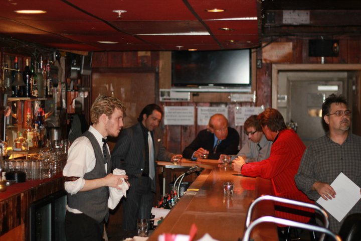 Jason Michael Shannan as Bartender, Rafael Siegle as Steve Taglia, Daniel Roberts as Bill Trebor, and J.P. Dunne as Lester Winters - on the set of the WATERING hole Night 1 at the Cedar Room in Carmichael, California.