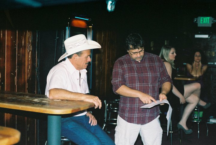 Rob Tillitz and Gerald go over the scene - on the set of the WATERING hole Night 2 at the Cedar Room in Carmichael, California.