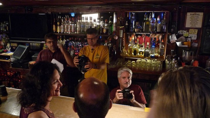 Gerald, Brendan Brooks and Mark Hoffman setting up camera angles for Rob Tillitz filling in for William with Meghan Malia Bird and Deborah Adair #2 - on the set of the WATERING hole Night 2 at the Cedar Room in Carmichael, California.