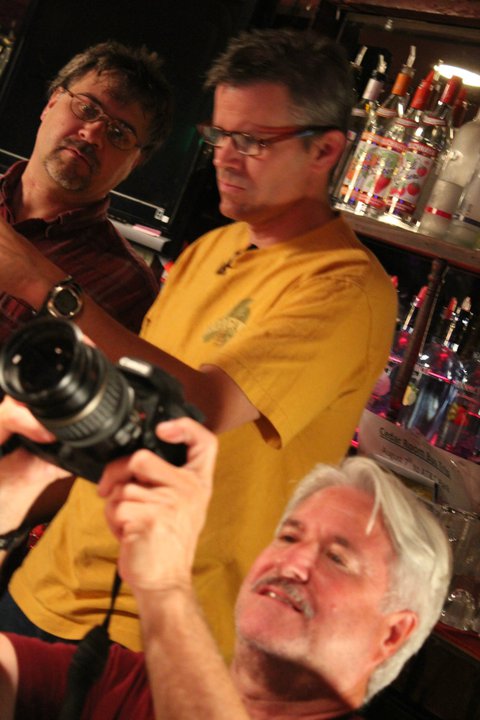 Gerald (Writer, Director, Editor), Brendan Brooks and Mark Hoffman setting up camera angles - on the set of the WATERING hole Night 2 at the Cedar Room in Carmichael, California.