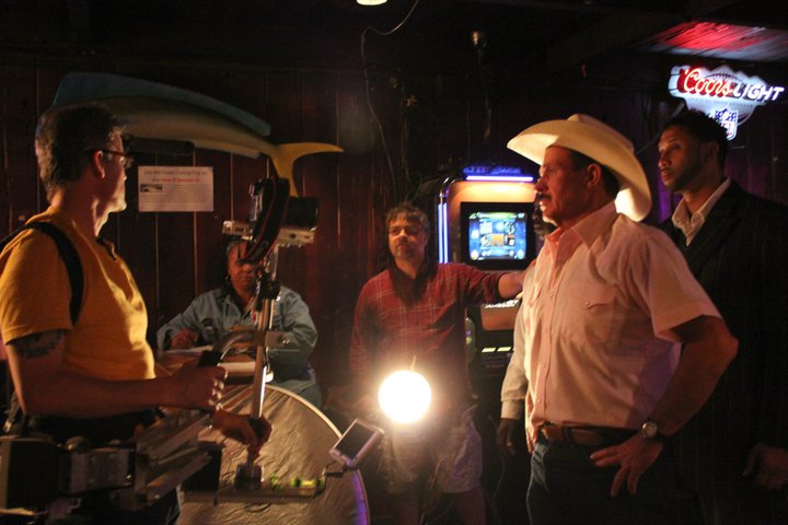 Brendan Brooks with the steadicam, Gerald, Rob Tillitz and Don Carlos Sanders as Big Guy - on the set of the WATERING hole Night 2 at the Cedar Room in Carmichael, California.