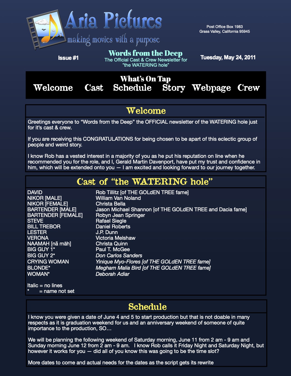 the WATERING hole (2011) introductory newsletter “Branches and Leaves”.